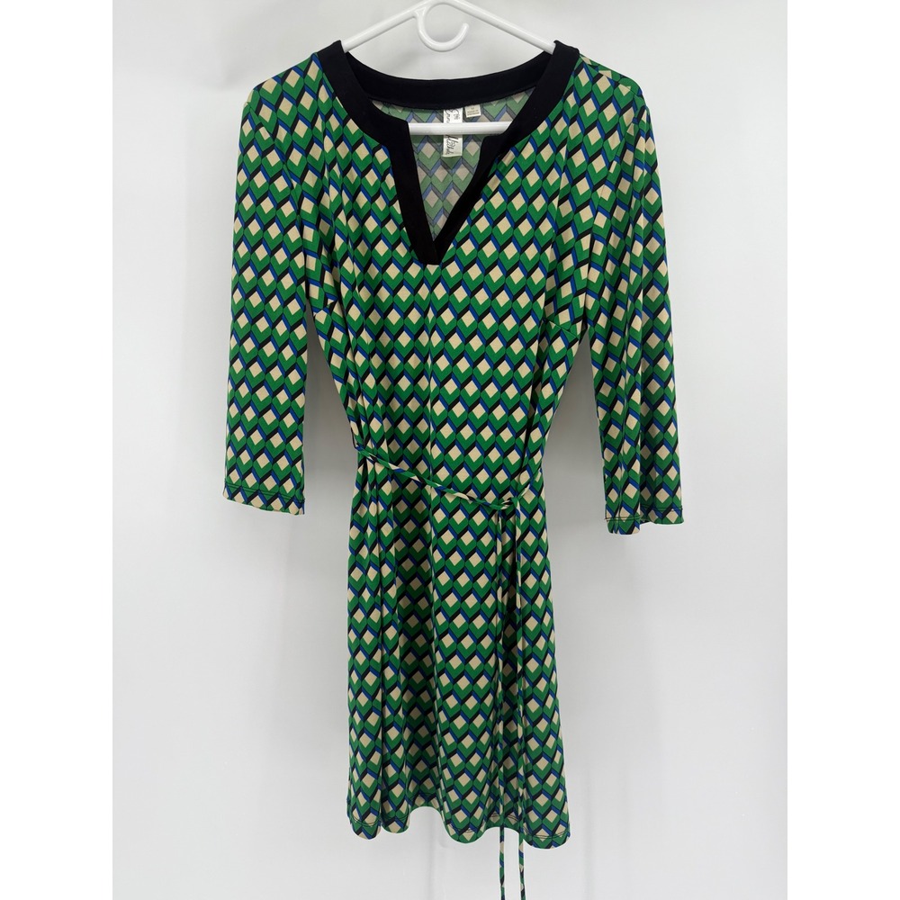 Emma Michele Geometric Print V Neck Belted 3/4‎ Sleeve Dress Women Size Medium